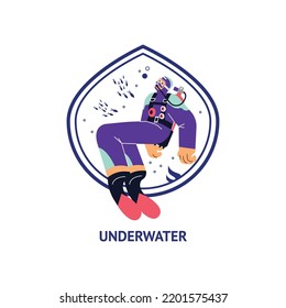 Scuba diving icon design, character swimming underwater with fishes, flat vector illustration isolated on white. Professional diver exploring marine life.