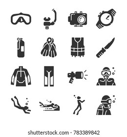 Scuba diving icon set. Included the icons as underwater, scuba diver, mask, fins, regulator, wetsuit and more.