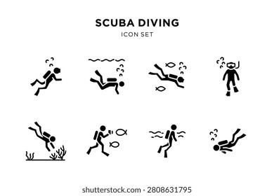Scuba diving icon set with simple black diver symbols, underwater poses, bubbles, fish and coral on a white background
