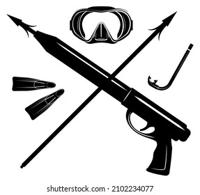 Icono de buceo Scuba, bajo el agua, buceo, máscara, aletas, cañón, arpón, ilustración vectorial. Emblemas del buzo.