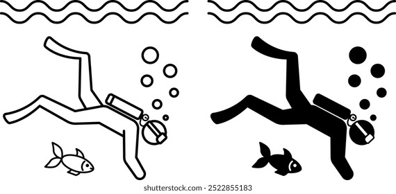 Scuba Diving Icons. Black and White Vector Icons. Scuba Diver Exploring Marine Environment. Floating Sea Fish. Snorkeling. Adventure and Travel Concept