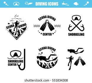 Scuba Diving icons with corals, diver, mask and tube, flippers and fish. Vector logotype or badge for Diving Center. Scuba diver silhouette.