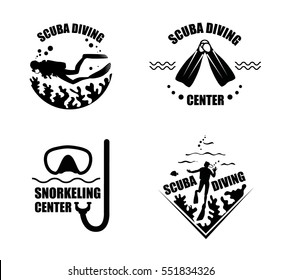 Scuba Diving icons with corals, diver, mask and tube, flippers and fish. Vector logotype or badge for Diving Center. Scuba diver silhouette.