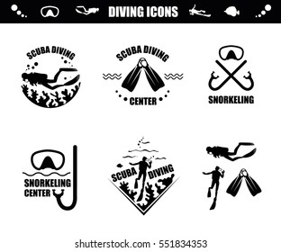 Scuba Diving icons with corals, diver, mask and tube, flippers and fish. Vector logotype or badge for Diving Center. Scuba diver silhouette.