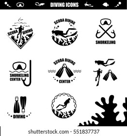 Scuba Diving icons with corals, diver, mask and tube, flippers and fish. Vector logotype or badge for Diving Center. Scuba diver silhouette.