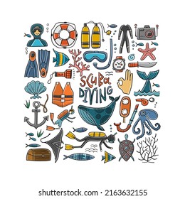 Scuba Diving icons set. Underwater activity design elements. Summer vacation concept, marine icons. Diving equipment, hand drawing style frame