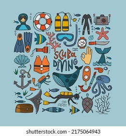 Scuba Diving icons set. Underwater activity design elements. Summer vacation concept, marine icons. Diving equipment, hand drawing style frame