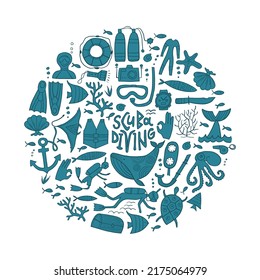 Scuba Diving icons set. Underwater activity design elements. Summer vacation concept, marine icons. Diving equipment, hand drawing style