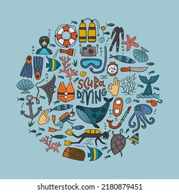 Scuba Diving icons set. Underwater activity design elements. Summer vacation concept, marine icons. Diving equipment, hand drawing style