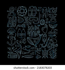 Scuba Diving icons set. Underwater activity design elements. Summer vacation concept, marine icons. Diving equipment, hand drawing style frame