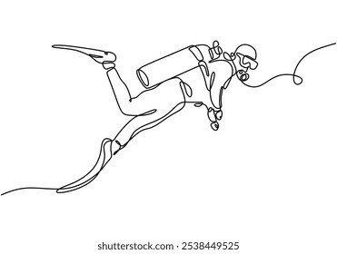 Scuba diving illustration in continuous one line drawing. Sport and health activity concept.