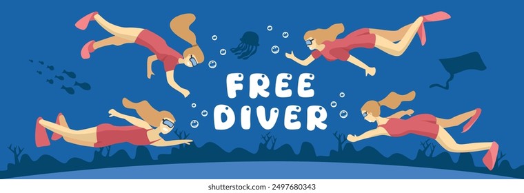 Scuba diving illustration. Free diver vector art. People diving collection. Dive with different poses. Person snorkeling. Snorkeling with different poses. 