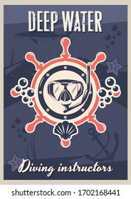 Scuba diving instructors vintage typography poster template, vector illustration. Scuba diving and snorkeling center or school logo, emblem.