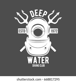 Scuba diving label emblem and designed elements. Underwater swimming logo. Sea dive, spearfishing, vector illustration.