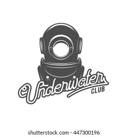 Scuba diving label. Underwater swimming logo. Sea dive, spearfishing, vector illustration