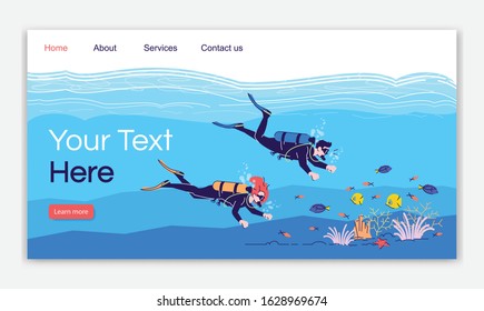 Scuba diving landing page vector template. Couple swimming underwater. Indonesia tourism website interface idea with flat illustrations. Homepage layout. Web banner, webpage cartoon concept
