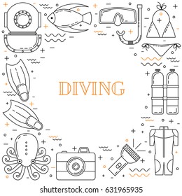 Scuba diving line art background with mask, fins, wet suit and fish
