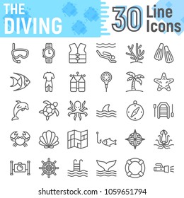 Scuba diving line icon set, underwater symbols collection, vector sketches, logo illustrations, sea signs linear pictograms package isolated on white background, eps 10.