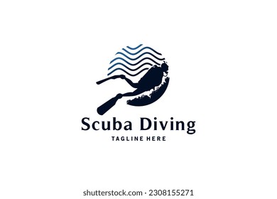 Scuba diving logo design with underwater waves vector illustration