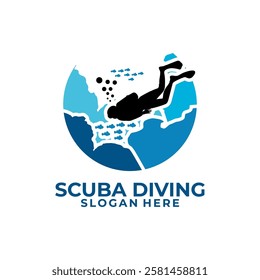 Scuba Diving Logo Design Vector Template. Dive with coral and fish. Under water, Undersea logo vector.