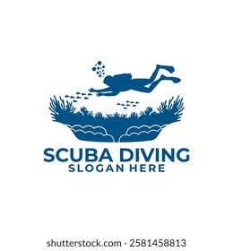 Scuba Diving Logo Design Vector Template. Underwater logo design, Diver with coral and fish logo vector.