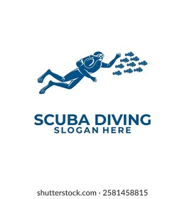 Scuba Diving Logo Design Vector Template. Snorkeling logo icon. Diver and Fish logo vector.