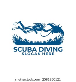 Scuba Diving Logo Design Vector Template. Diver and Stingray logo icon. Underwater Travel logo design