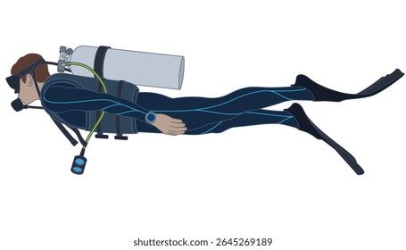 scuba diving, male diver wearing diving suit and using breathing equipment, isolated on a white background