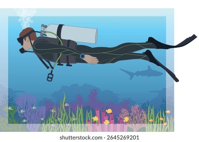 scuba diving, male diver wearing diving suit and using breathing equipment, exploring the coral reef, deep in the clear blue tropical ocean