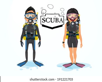 Scuba diving. male and female character - vector illustration 