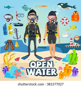 Scuba diving. male and female character design with equipment and graphic element. typographic design for header - vector illustration