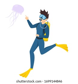 scuba diving, man with air tank watching medusa. Isolated vector illustration