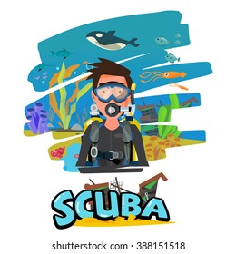 scuba diving man with aquatic in background. typographic for your header design - vector illustration