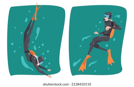 Scuba Diving Man with Breathing Equipment and Flippers Diving Underwater Vector Set