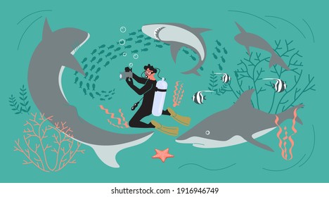 Scuba diving man on the sea bottom among sharks. Marine predators and underwater photographer. Flat Art Vector illustration