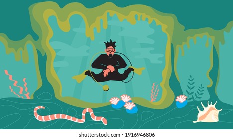 Scuba diving man on the sea bottom. Landscape of underwater cave with snake and diver. Flat Art Vector illustration