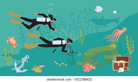 Scuba diving man and woman on the sea bottom found Open Treasure Chest of Gold. Marine predators and underwater swimmers. Flat Art Vector illustration