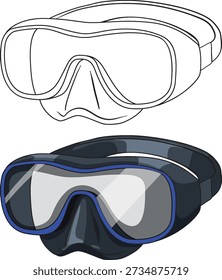 Scuba diving mask presented in black and white line art and colored vector styles