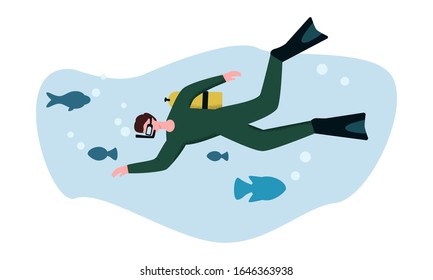 Scuba diving in mask underwater isolated on white background. Cartoon diver with aqualung and flippers vector flat illustration. Colored extreme male swims surrounded by sea fish