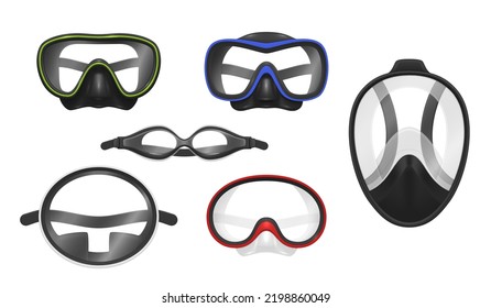 Scuba diving masks set realistic vector illustration. Underwater swimming goggles diver costume for snorkeling. Face eyes rubber glass protection from water extreme sport nautical hobby equipment