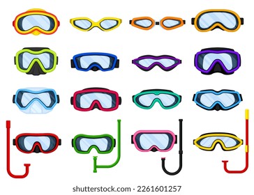 Scuba diving masks and tubes set. Underwater sport equipment for immersion in water cartoon vector