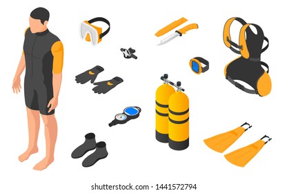 Scuba diving. Men's set of diving equipment on white background. Flat vector illustration in isometric style.