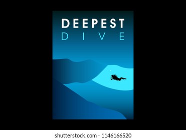 scuba diving miniature illustration cover poster template. Deep diving underwater to the bottom of the sea, Scuba diving background.