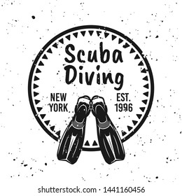 Scuba diving monochrome round emblem with diver flippers vector illustration on background with removable grunge textures