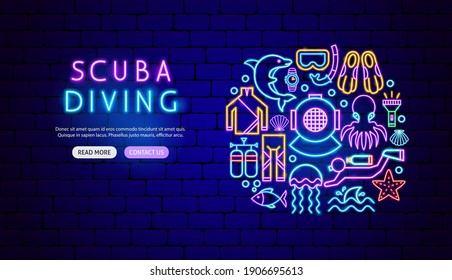 Scuba Diving Neon Banner Design. Vector Illustration of Ocean Promotion.