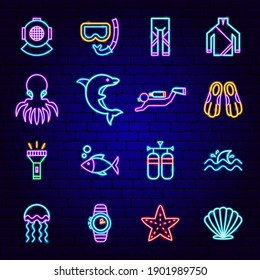 Scuba Diving Neon Icons. Vector Illustration of Dive Promotion.