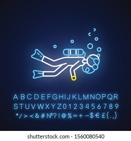 Scuba diving neon light icon. Watersport, extreme underwater kind of sport. Recreational outdoor activity. Snorkeling. Glowing sign with alphabet, numbers and symbols. Vector isolated illustration