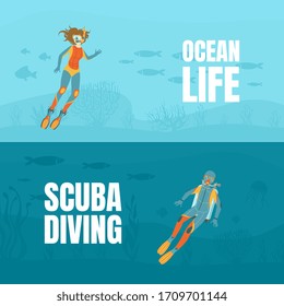 Scuba Diving, Ocean Life Banner Template, Water Active Sport, Summer Vacation Vector Illustration