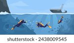 Scuba diving on the bottom of the sea in cold water from the boat. Beautiful seascape fauna, corals, algae. Divers exploring ocean nature. Concept of exploration and development. Vector illustration