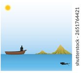 Scuba diving on the bottom of the sea in cold water from the boat. Beautiful seascape fauna, corals, algae. Divers exploring ocean nature. Concept of exploration and development. Vector illustration